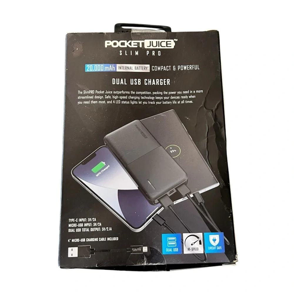 Tzumi Pocket Juice Slim Pro 20,000 mAh Dual USB Charger NIB‎